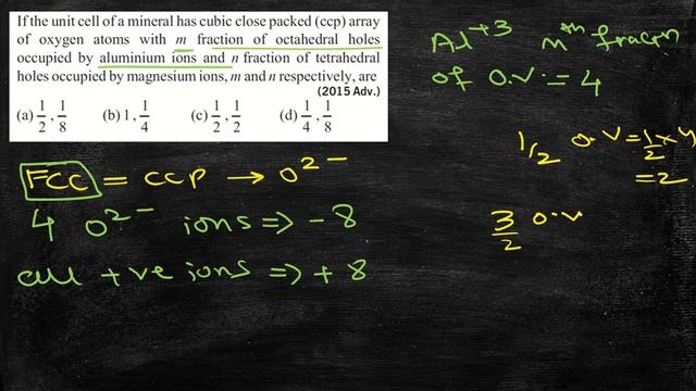If the unit cell of a mineral has ccp array of oxygen with fractions of Al+3 and Mg+2 ions. #JEE201