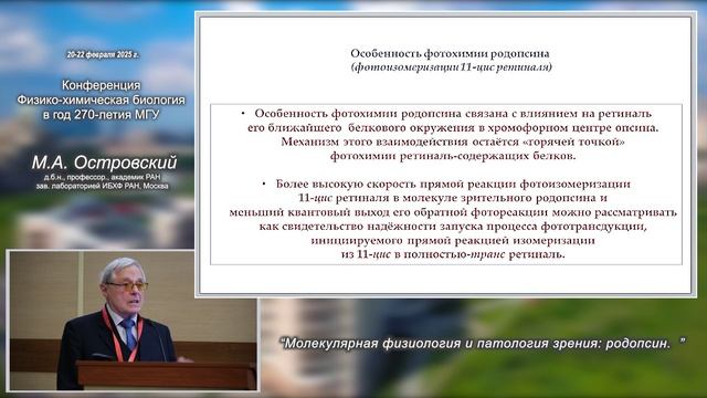 МОЛЕКУЛЯРНАЯ ФИЗИОЛОГИЯ И ПАТОЛОГИЯ ЗРЕНИЯ: РОДОПСИН, доклад академика М.А. Островского