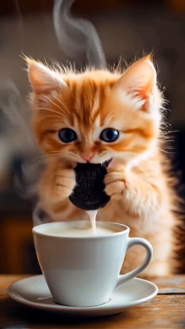 Котёночек пьёт молочко с 🍪