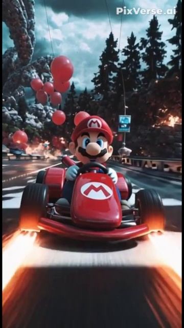 Mario, wearing his iconic red cap, speeds along in his red go - kart.