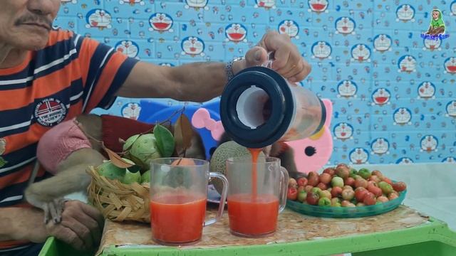 Grandpa makes bell pepper juice for cute Sam boy