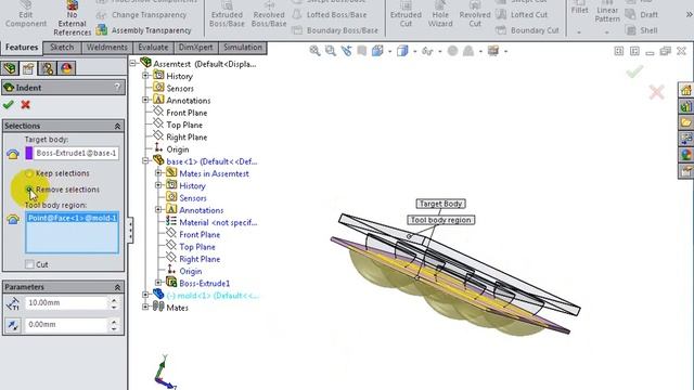 How apply INDENT at solidworks 2014