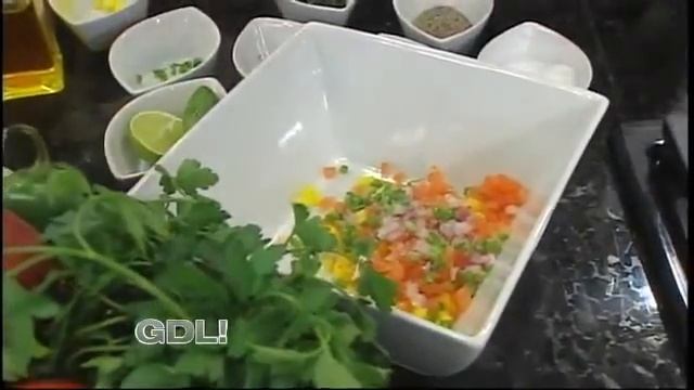 The Brown chef's chili spiced shrimp, toasted cumin banana mango salsa