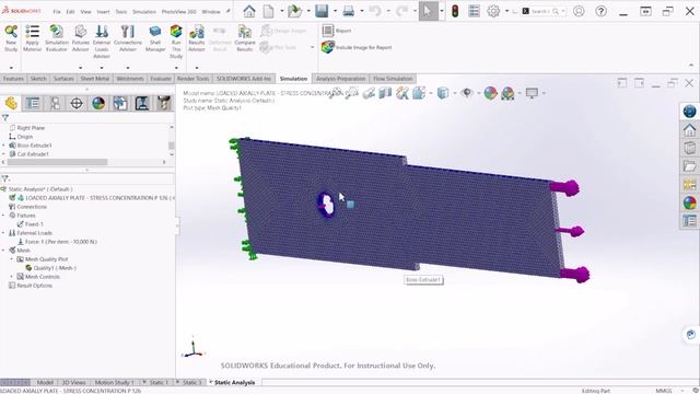 Static Analysis of Plate / FEA for beginners / Stress Concentration/ Brittle / SolidWorks Simulatio