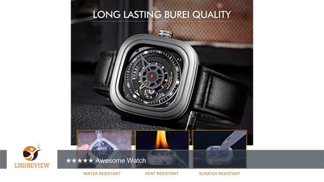 BUREI Men's Automatic Watch Black Square with Sapphire Crystal Glass and Leather Strap | Review/Tes