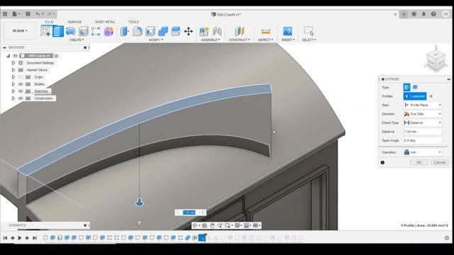 Lesson 19 - Fusion 360 for beginners drawing on a curved surface of a model railway coach