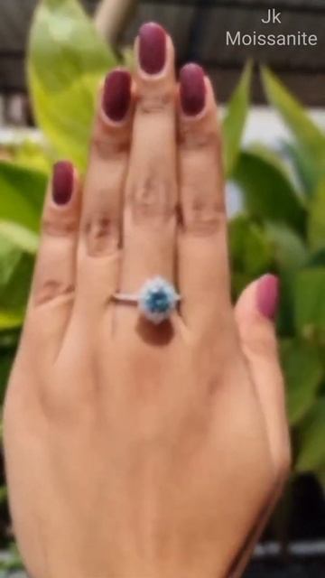 Round Cut Fancy Green Blue Moissanite Engagement Halo Ring , For Her