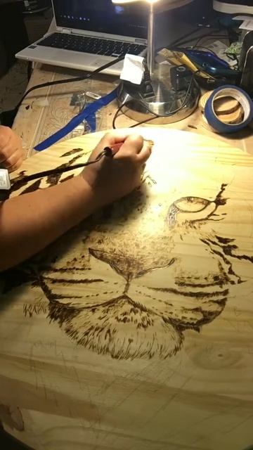 Wood burning a tiger