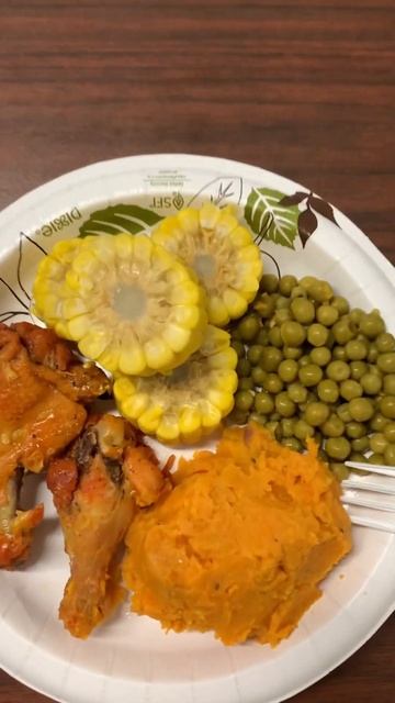 Chicken , Sweet Potato Mash, Peas And Corn.