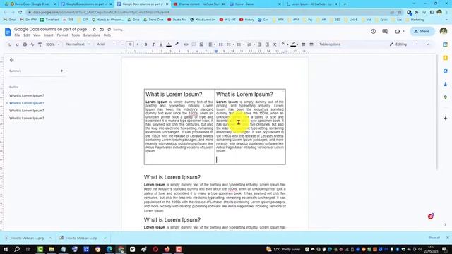 Google Docs columns on part of page