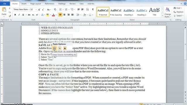 using copy paste for convert pdf to word