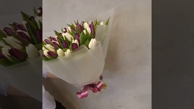Букет из белых и фиолетовых тюльпанов в упаковке 51 шт "Баланс оттенков"