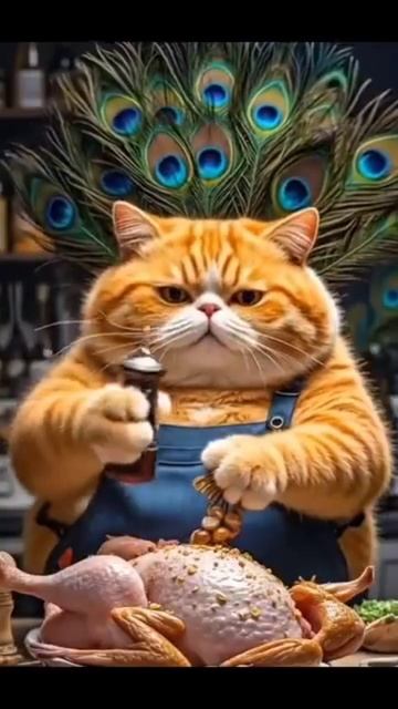 Рыжий кот приготовил мясо павлина