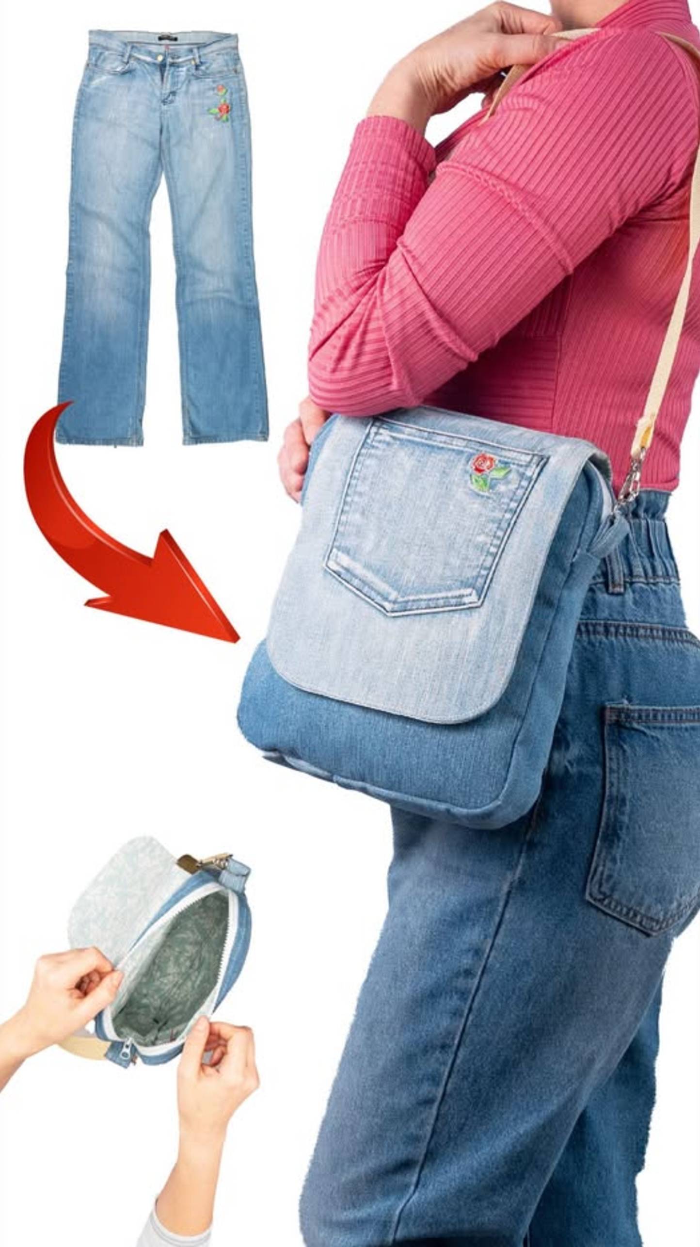 Как легко сшить стильную сумку через плечо из старых джинсов!👜✂️