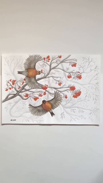 “Winter Birds” watercolor painting by an artist Anastasia Kurganova, bullfinch, rowan Berry, winter