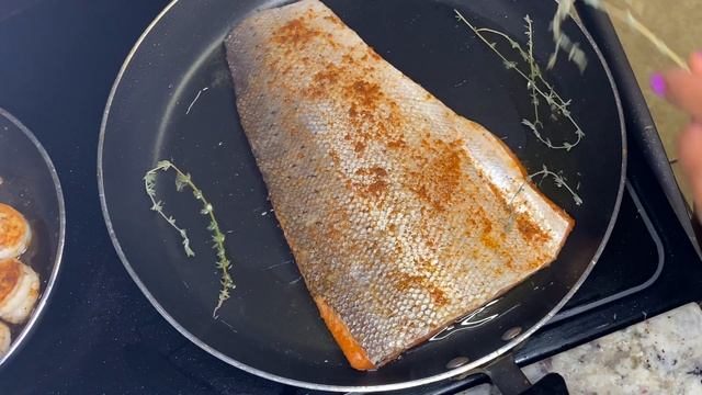 Easy Pan-Seared Salmon & Shrimp with Lemon Pepper Garlic Butter sauce over Mash Potatoes