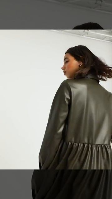 Leather look smock dress with tiered skirt in khaki