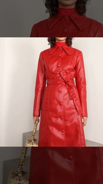 Red faux leather trench coat