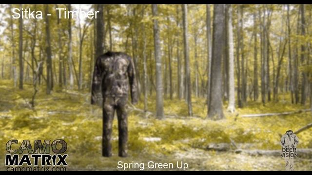 Sitka Timber hunting camo in Human and Deer Vision on 14 Backgrounds