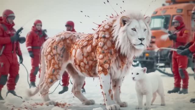 Храбрый белый львенок ищет помощи у людей для своей матери, зараженной насекомыми и паразитами