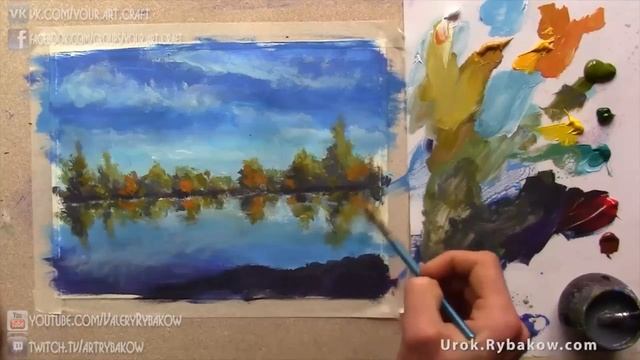 How to paint Reflection of autumn trees in water painting ★ Acrylic Tutorial for Beginners ★ Rybako
