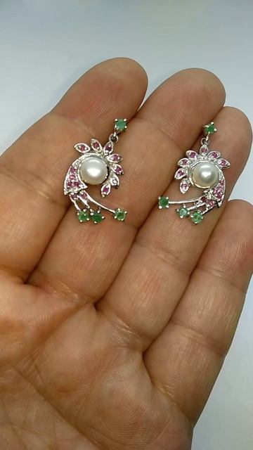 Серьги "Инесса" Жемчуг, Изумруды, Рубины, серебро