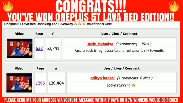 Technical Guruji announce OnePlus 5T Lava Red Edition Phone Giveaway Winner 🔥 2 Phone