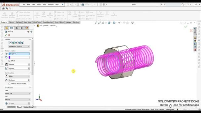 Solidworks tutorial Thread features (Bolt and Nut)