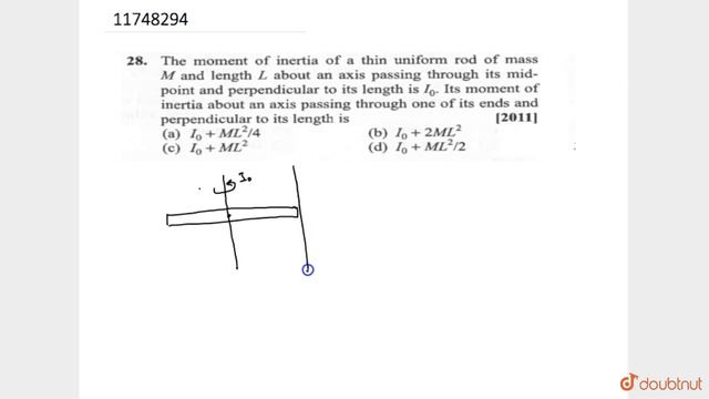 The moment of inertia of a thin uniform rod of mass `M` and length `L` about an axis passing throug