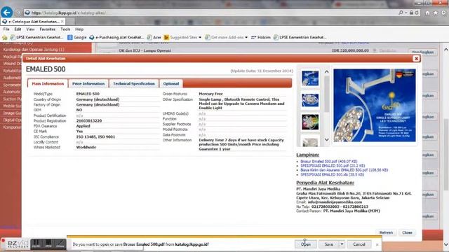 E-Katalog Alat Kesehatan LKPP Lampu Operasi Single Emaled 500-Germany