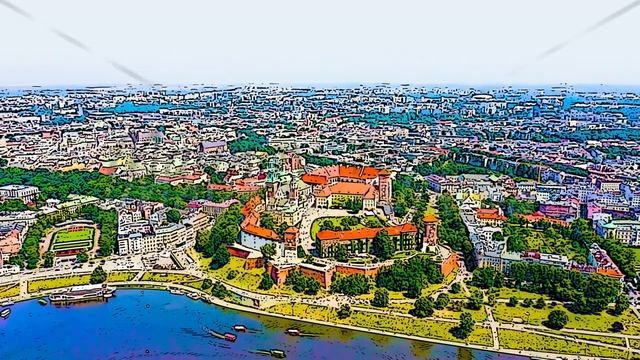 Color sketch in cartoon style. Krakow, Poland. Wawel Castle. Ships on the Vistula River. View of th