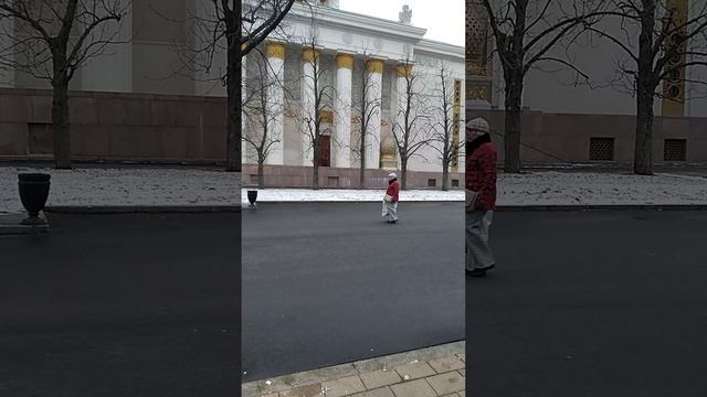 Величественное Сталинское здание с колоннами и скульптурами на крыше расположено на ВДНХ