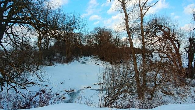 Видео дикой природы. Заснеженный склон около озера и большого поля. Шум ветра.