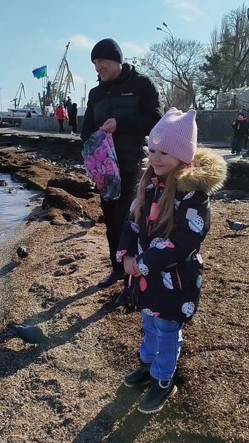 Арина с папой кормят птиц рыбкой