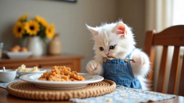 Cute kitten is afraid of a pear. Funny cats do human things