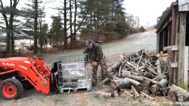 KUBOTA Tractor Firewood Clean Up with  Landpride Pallet Forks RK Carry All and IBC Totes