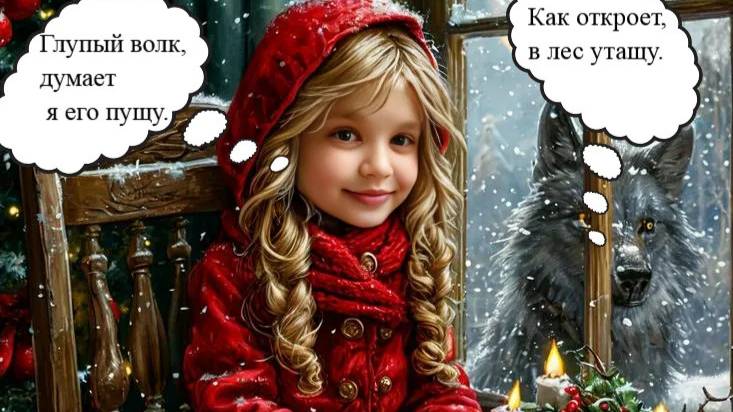 Красная шапочка, серый волк, снежинки и тигры