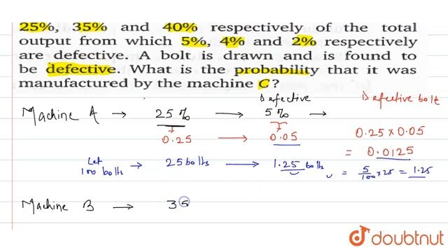 In a bolt factory, machines A,B and C manufacture 25%, 35% and 40% respectively of the total output