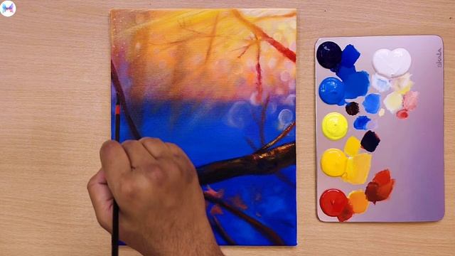 Нарисуйте акрилом милую птичку на цветущей ветке в лучах солнца