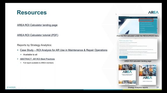 AREA Research Committee Webinar   Estimating Enterprise AR ROI using AREA’s On line Calculator