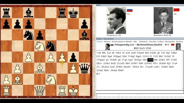 Polugaevsky,Lev – Nezhmetdinov,Rashid 0-1 A53(Old Indian defense) Sochi 1958