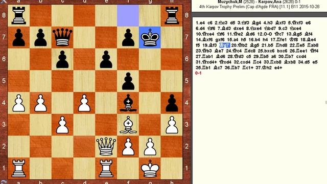 Chess Game: Mariya Muzychuk (UKR) vs Anatoly Karpov (RUS) 0-1 "11.1", Cap d'Agde 2015