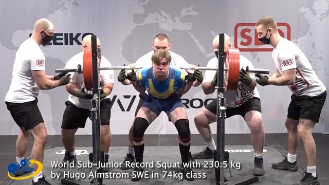 World Sub-Junior Record Squat with 230.5 kg by Hugo Almstrom SWE in 74kg class