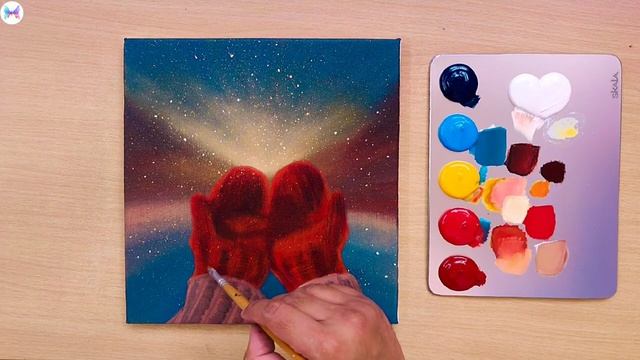 Нарисуйте акрилом новогодний рисунок с рукавичками