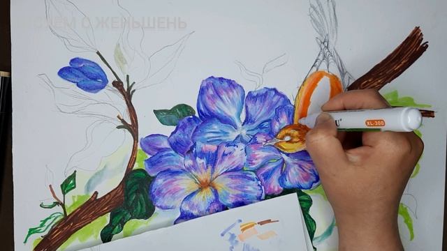 птица с цветком Рисую