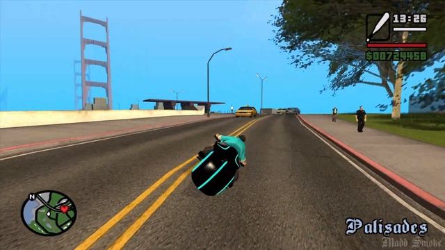 Riding across the map as Azteca Big Smoke on a Tron Legacy Bike in GTA San Andreas! (mods)