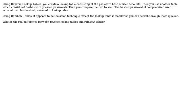 Software Engineering: Difference between reverse lookup tables and rainbow tables