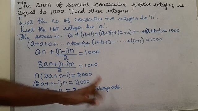 Sum of several consecutive positive integers is equal to 1000. Find the integers / Olympiad Problem