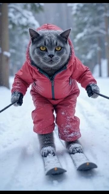 Кот путешественник на лыжах