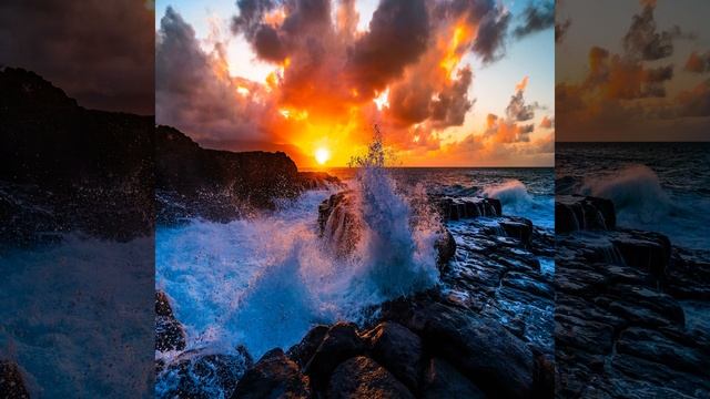 Great Sunset Day by Splashing Sea on the Rock Is so Clear